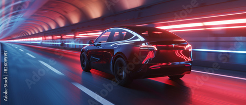 A high-speed electric car blazes through a tunnel, its sleek design illuminated by red streaks of light.