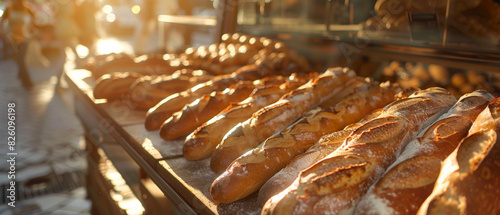 Golden sunlight bathes a bakery display full of freshly baked, crusty bread loaves.