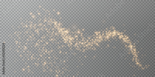 Magic golden wind png festive isolated on transparent background. Golden comet png with sparkling stars and dust. Powder dust light PNG. Magic shining gold dust. Fine, shiny dust bokeh particles fal 
