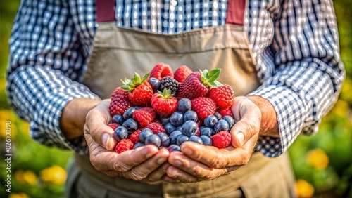 Farmer with Berries: A close-up of a farmer holding a handful of berries, highlighting berry farming and fresh produce. 