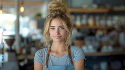 Confident female barista in casual outfit looking at camera