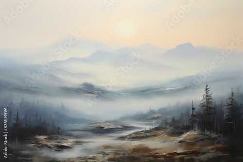 A beautiful landscape painting of a mountain valley in the early morning mist