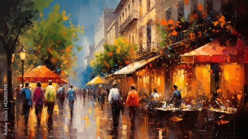 Image of impressionist painting of a busy street in city