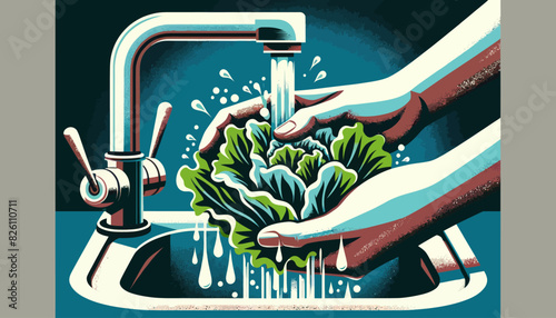 Washing Lettuce in Vector Style