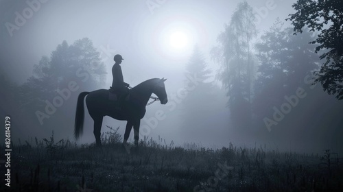 Silhouette of Horse Rider in Misty Forest at Dawn