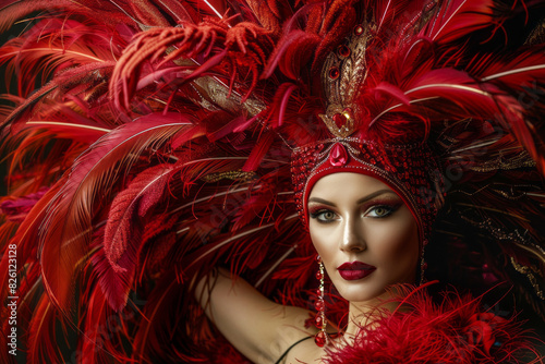 Showgirl with elaborate red feather headdress and makeup