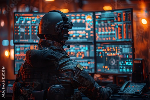 A military officer operates advanced computer equipment in a dimly lit command center, representing security and vigilance