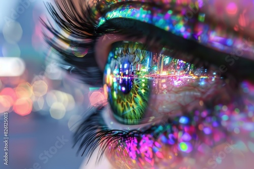 Eye with colorful reflections, vibrant and detailed, sci fi and technology concept, futuristic and dynamic
