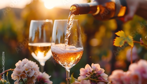 Pouring rose wine into glasses in sunlit vineyard, surrounded by blooming flowers. Captures essence of summer evening.