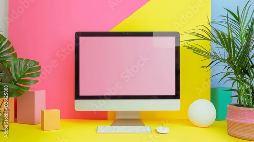Bright and colorful pop-art inspired mockup with computer screen and plants on desk