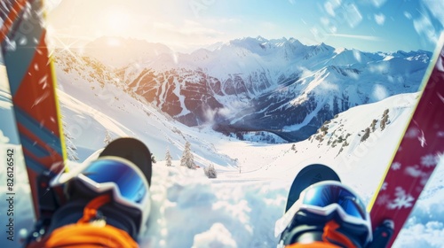 Skiing down a snowy mountain slope with stunning alpine view