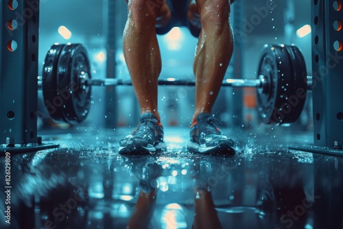 A focused athlete is preparing to lift a heavy barbell in a gym environment, with water splashing around for dynamic effect