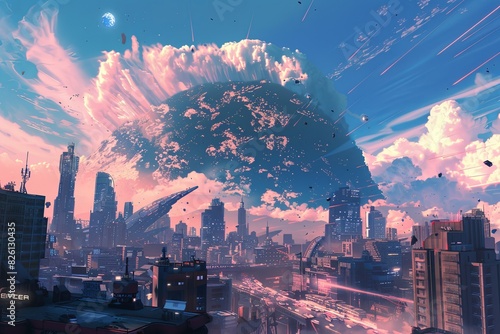 A futuristic cityscape with a massive object hovering in the sky, creating a sense of awe and wonder