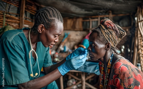Healthcare professional, identifiable by stethoscope and gloves, examining an individual in an informal medical facility, highlighting global health issues and access to medical care