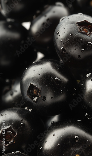 Closeup of blackcurrants texture with glossy black surface