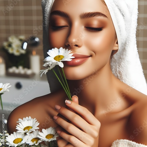 Happy healthy lady smelling a bunch of daisy flowers wearing bath towel in bathroom