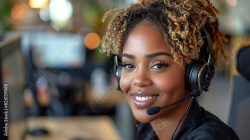 portrait of a smiling woman with curly hair wearing a headset, working as a customer service representative. The background shows a blurred office setting,