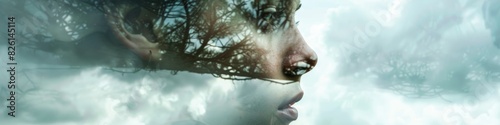 Surreal double exposure image blending a person's profile with a natural landscape, symbolizing harmony between humans and nature.