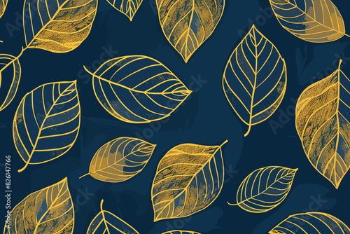 Vector golden leaves for interior design, textile, texture, poster, package, wrappers, gifts, wallpapers on a blue background