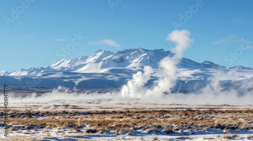 A backdrop of snowy mountains with a geysers eruption in the foreground