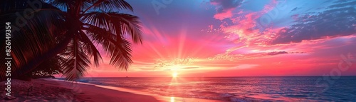 A close-up of a vibrant sunset with palm trees in silhouette, the sky ablaze with shades of red, orange, and purple