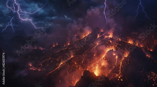 The darkness is momentarily dispelled as a volcanic plume is lit up by bolts of lightning.