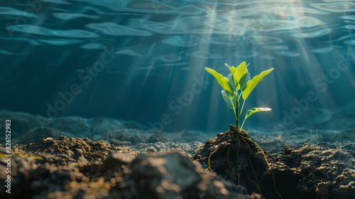 The roots of the seedling grow into the soil and are surrounded by water and sky