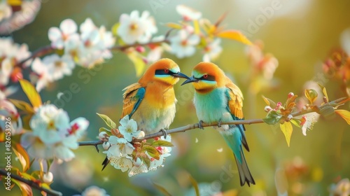 Two vibrant bee-eaters perched on a blossoming branch, their colorful feathers and beaks touching affectionately, surrounded by soft-focus white and pink flowers against a blurred background.