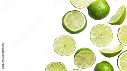 A collection of limes and lime slices arranged neatly on a plain white background