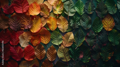 Autumn leaves arranger in gradient from green to red, season change concept