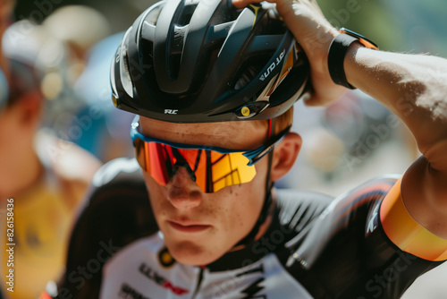 Cyclist Adjusting Helmet at Tour de France