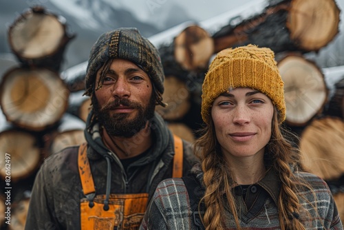 Man and woman in rugged outdoor workwear smiling in front of a timber woodpile