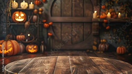 A wooden table with pumpkins and candles in the background during darkness