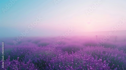 Dreamy lavender field bathed in soft pink and purple hues during sunrise