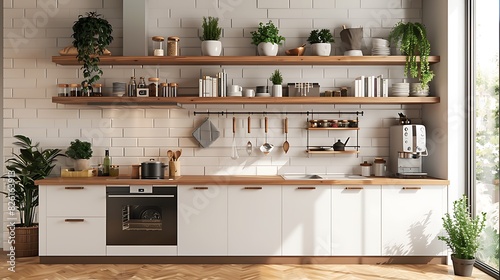 Open Shelving Kitchen, Modern kitchen with open shelves displaying cookbooks, plants, and decorative objects