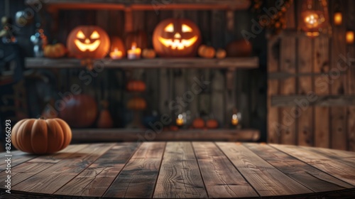 Wooden table with pumpkin on it, in front of shelf with halloween pumpkins