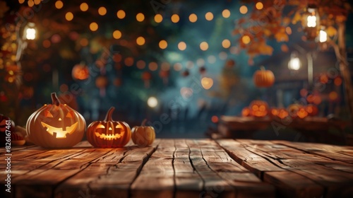 Halloween pumpkins on wooden table, orange shades, night darkness