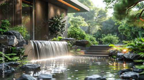 zen garden oasis, calm home garden with waterfall and greenery, providing a peaceful retreat for tranquility and contemplation