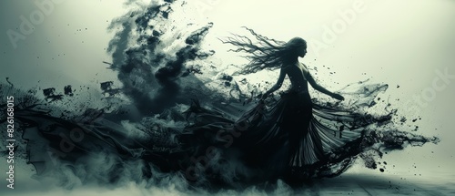 Surreal Silhouette of Woman in Black Dress with Flowing Movement