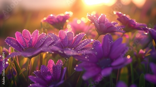 : A close-up of dewy purple flowers in a field, their petals glistening as they catch the soft light of the setting sun.