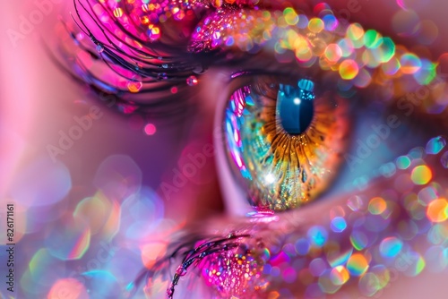 Artistic close up of a human eye with multicolored glitter makeup in a vibrant, high contrast setting, showcasing detailed eye makeup and vivid colors