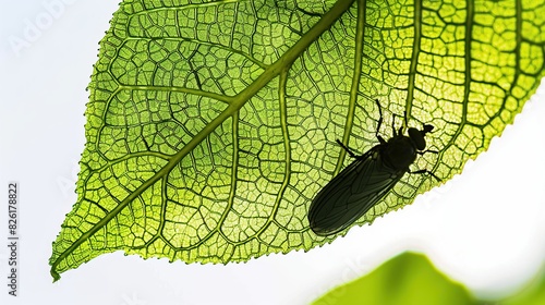 A big green leaf with shadow of a fly from below . Generative Ai