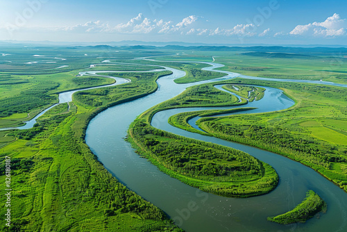 Aerial view of winding rivers with meanders, highlighting the natural curves and contrast with the surrounding landscape.