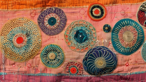 An embroidered textile piece depicting eight stylized particles with intricate patterns and designs.