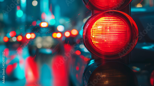 Close-up of a red traffic light with blurred cars and city lights in the background.