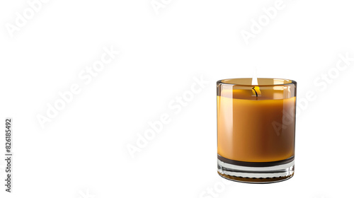 A lit brown candle in a clear glass holder, providing a warm and cozy ambiance. Perfect for home decor and relaxation.