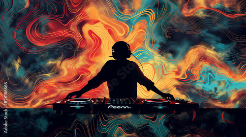 The silhouette of a disc jockey is shown in front of a colorful, abstract background.