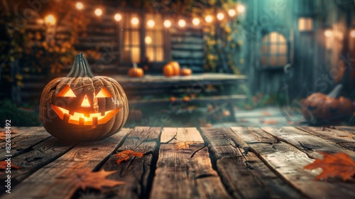 A halloween pumpkin is placed on a wooden table under the sky