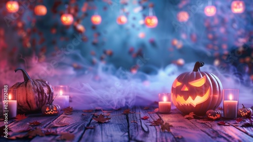 There are two pumpkins and candles on the table, creating a cozy atmosphere