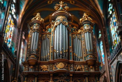 An ornate and beautifully crafted pipe organ inside a cathedral, with intricate woodwork and detailing